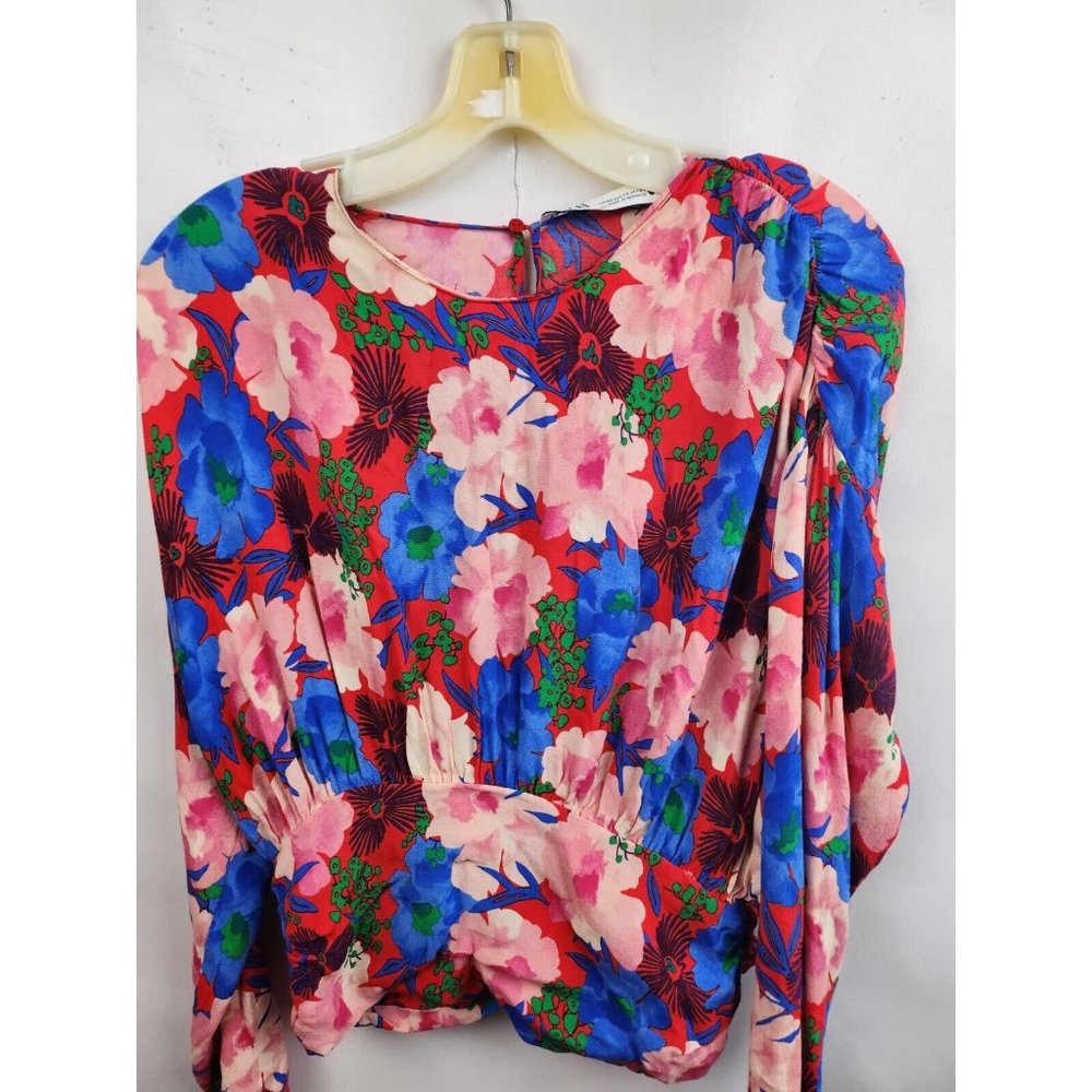 Zara Pink Multi Draped Floral Print Long Sleeve Gathered Blouse Size XS - Picture 3 of 8